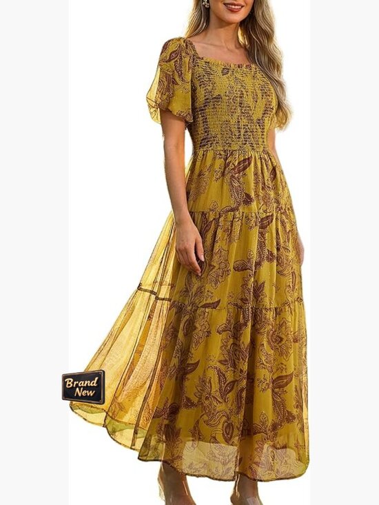 Dresses & Skirts - Maxi Dress Square Neck Puff Sleeve Flowy A-Line Summer Casual Boho